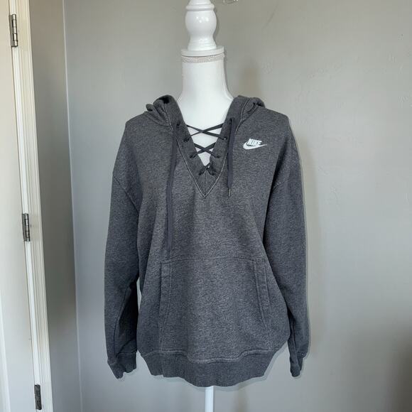 Nike Women's Club Lace-Up Hoodie Sweatshirt Plus Size 1X BQ3053 Charcoal Gray - Picture 1 of 8